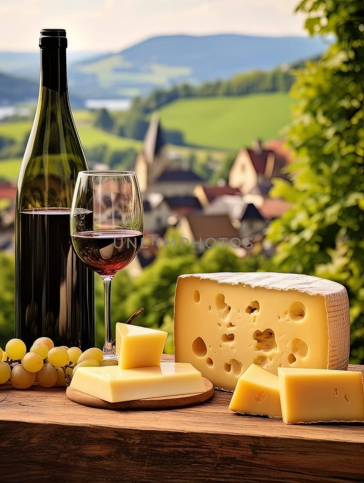 Cheese board and glass of red wine against the backdrop of village. AI by but_photo