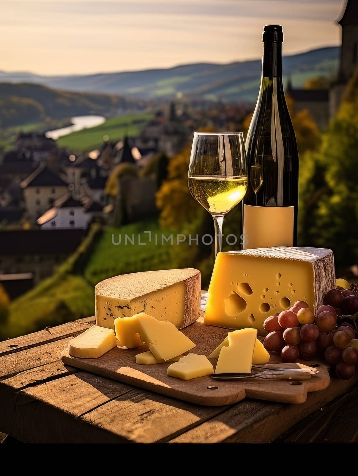 Board with cheeses, white wine in a glass and grapes. Still life of table for tasting cheese and wine, cozy romantic atmosphere, outdoor village panorama on a warm sunny day AI