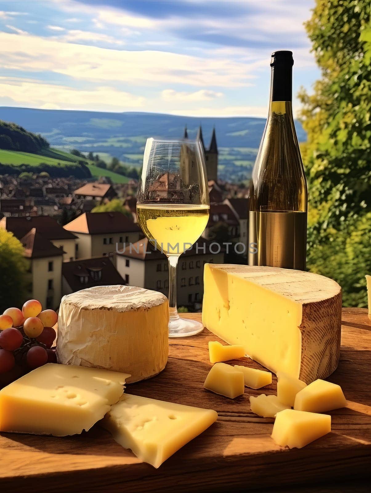 Varied Cheese board and white wine against the backdrop of village. AI by but_photo