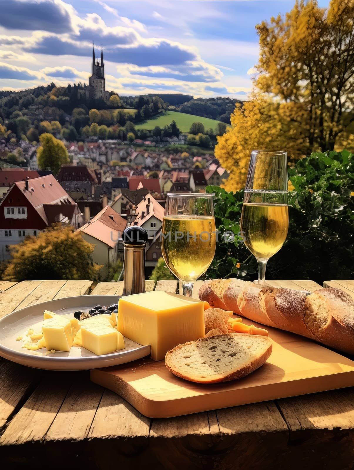 Board with cheeses, bread and white wine in two glasses. Still life of table for tasting cheese and wine, cozy romantic atmosphere, outdoor village panorama on a warm sunny day AI