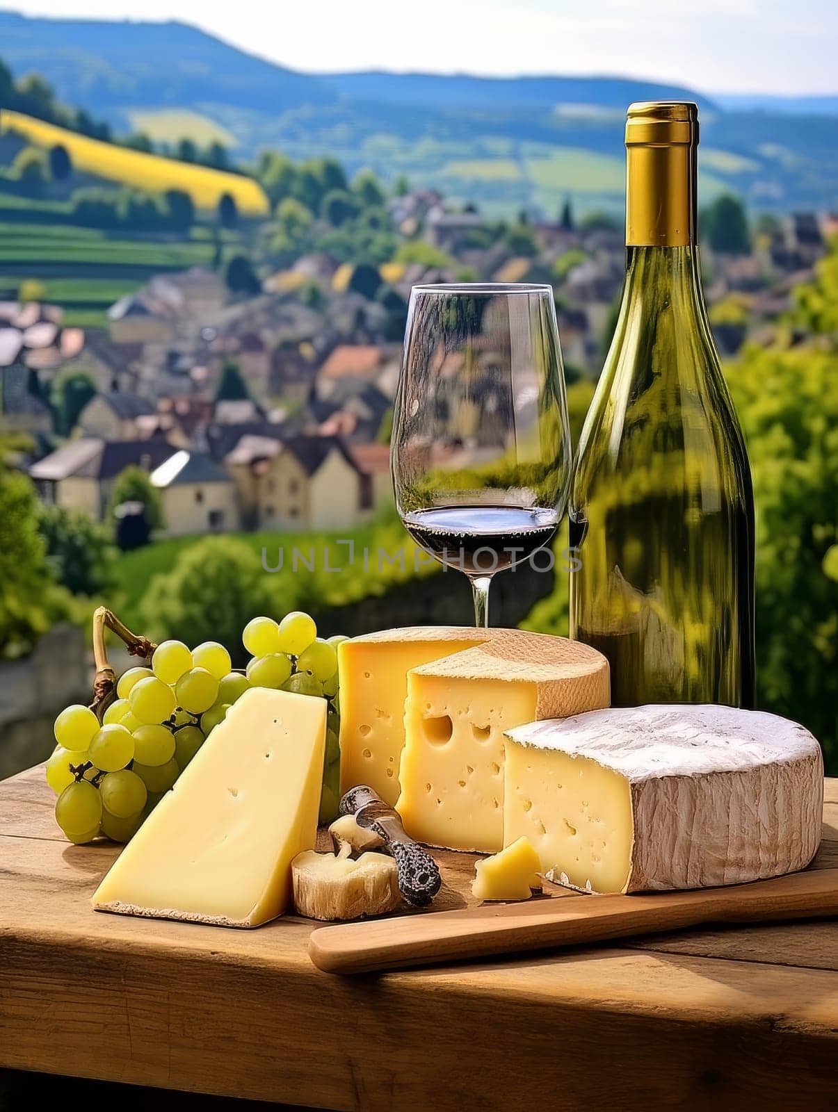 Board with cheeses, white wine in a glass and grapes. Still life of table for tasting cheese and wine, cozy romantic atmosphere, outdoor village panorama on a warm sunny day AI