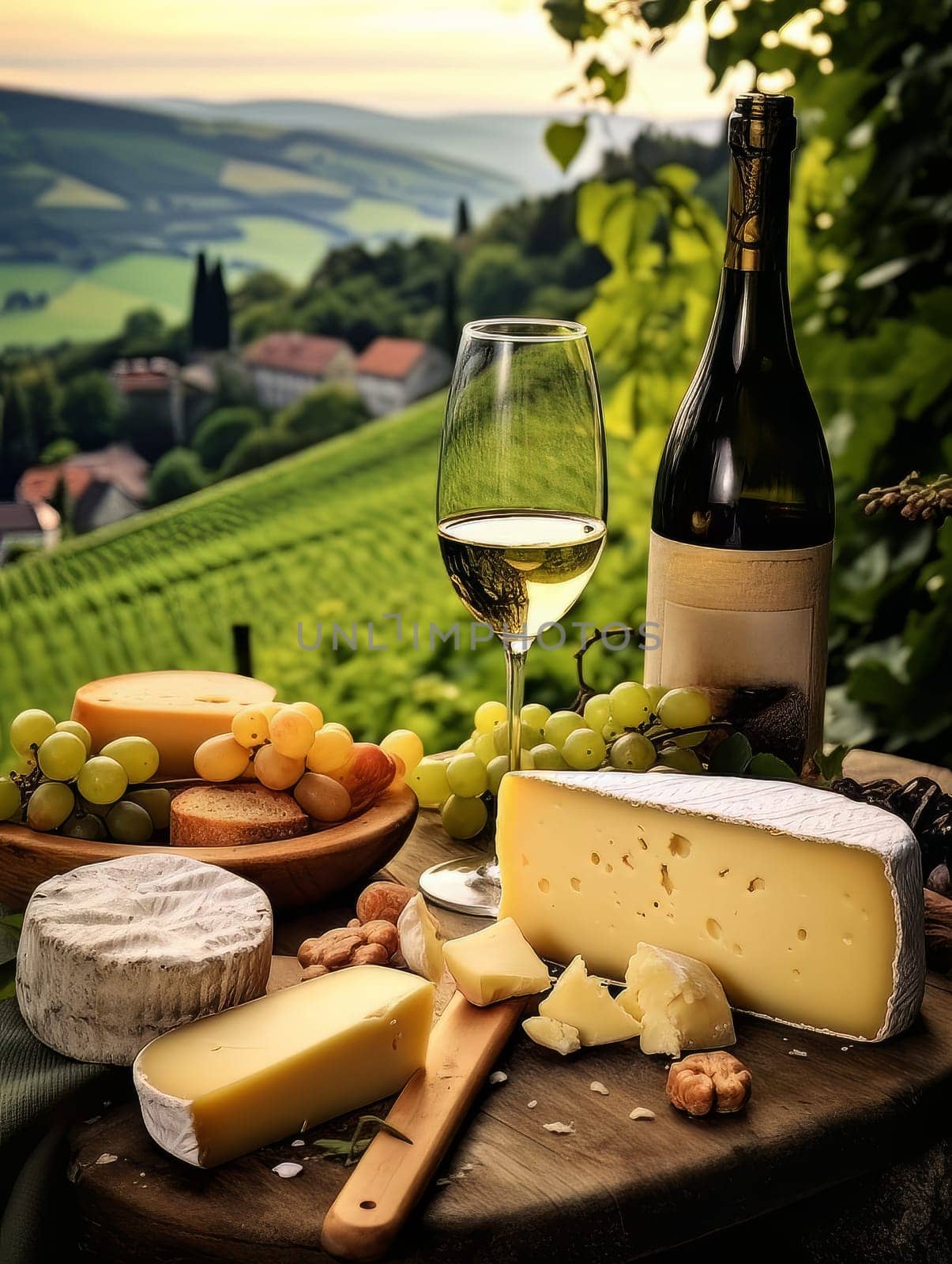 Board with cheeses, white wine in a glass and grapes. Still life of table for tasting cheese and wine, cozy romantic atmosphere, outdoor village panorama on a warm sunny day AI