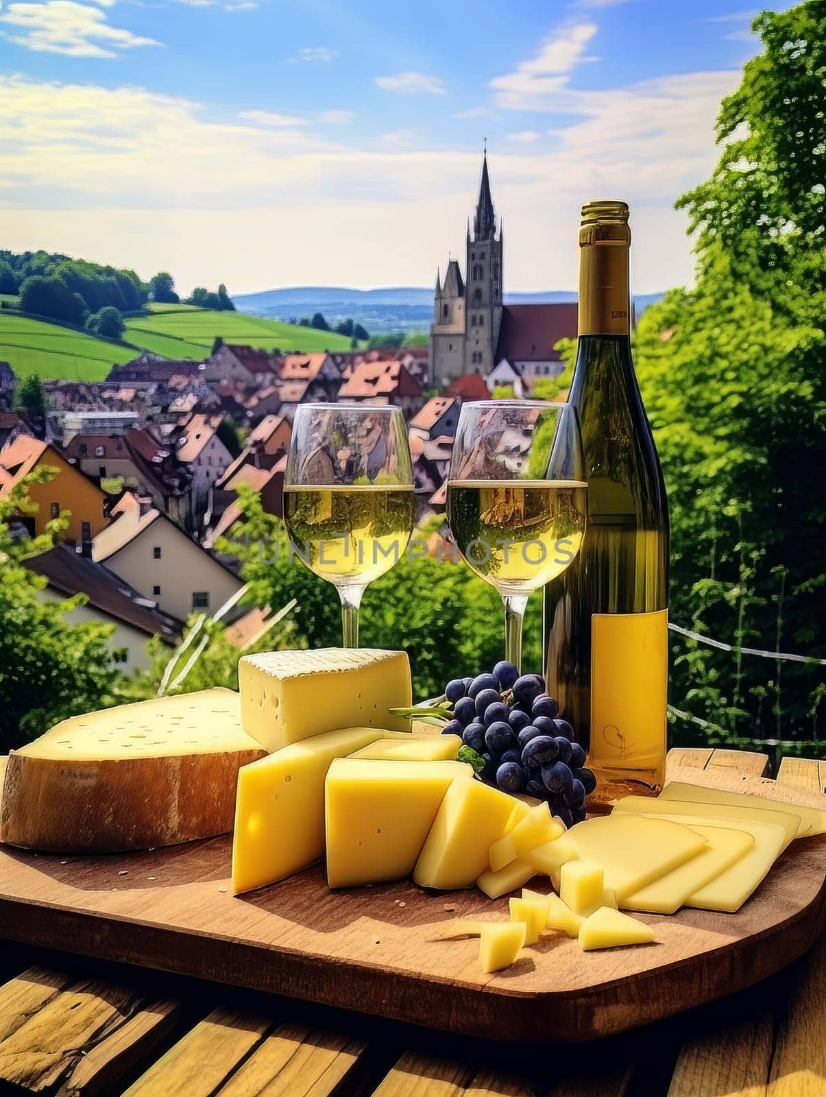 Board with cheeses, white wine in a glass and grapes. Still life of table for tasting cheese and wine, cozy romantic atmosphere, outdoor village panorama on a warm sunny day AI