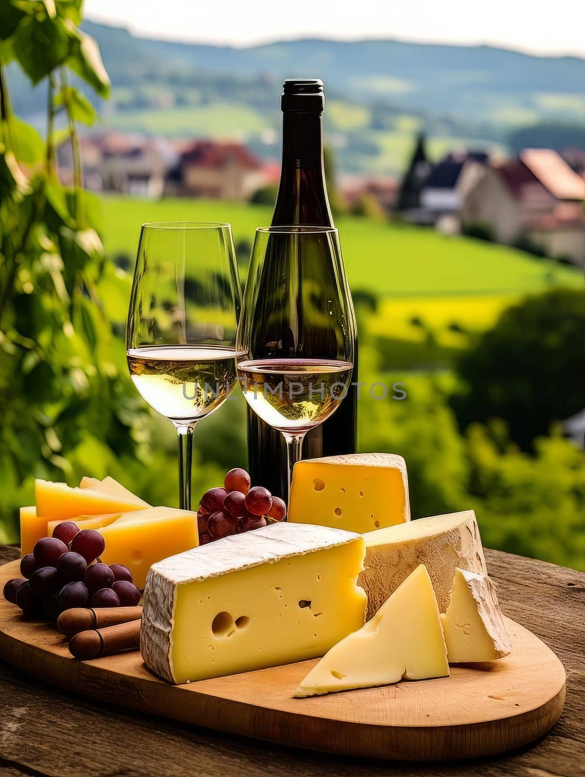 Board with cheeses and white wine in glass. Still life of table for tasting cheese and wine, cozy romantic atmosphere, outdoor village panorama on a warm sunny day AI