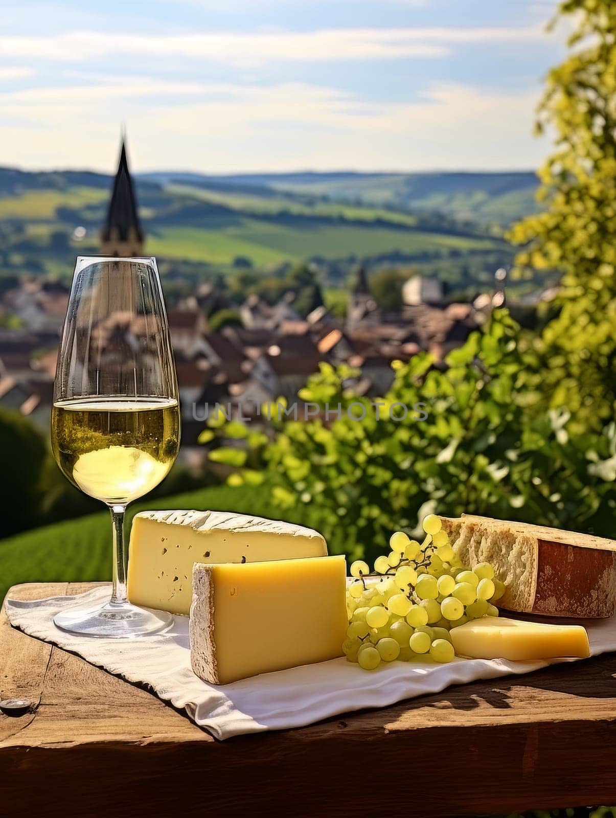 Board with cheeses and white wine in glass. Still life of table for tasting cheese and wine, cozy romantic atmosphere, outdoor village panorama on a warm sunny day AI