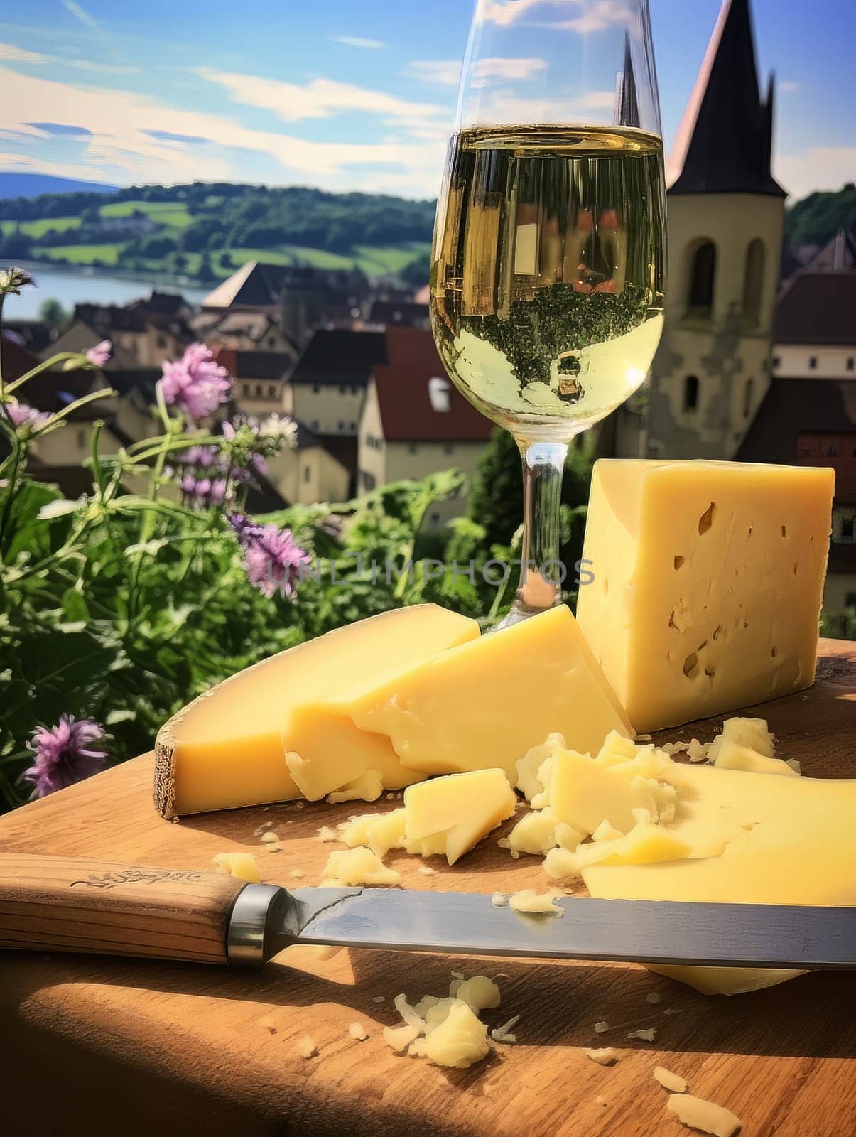 Board with cheeses and white wine in glass. Still life of table for tasting cheese and wine, cozy romantic atmosphere, outdoor village panorama on a warm sunny day AI