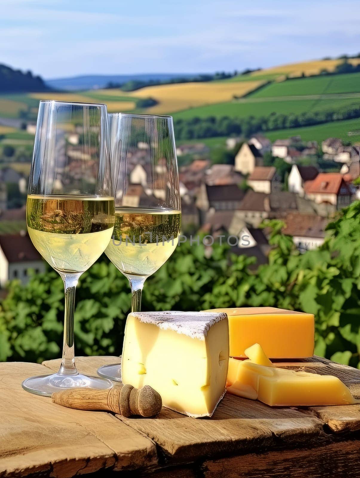 Board with cheeses and white wine in two glasses. Still life of table for tasting cheese and wine, cozy romantic atmosphere, outdoor village panorama on a warm sunny day AI