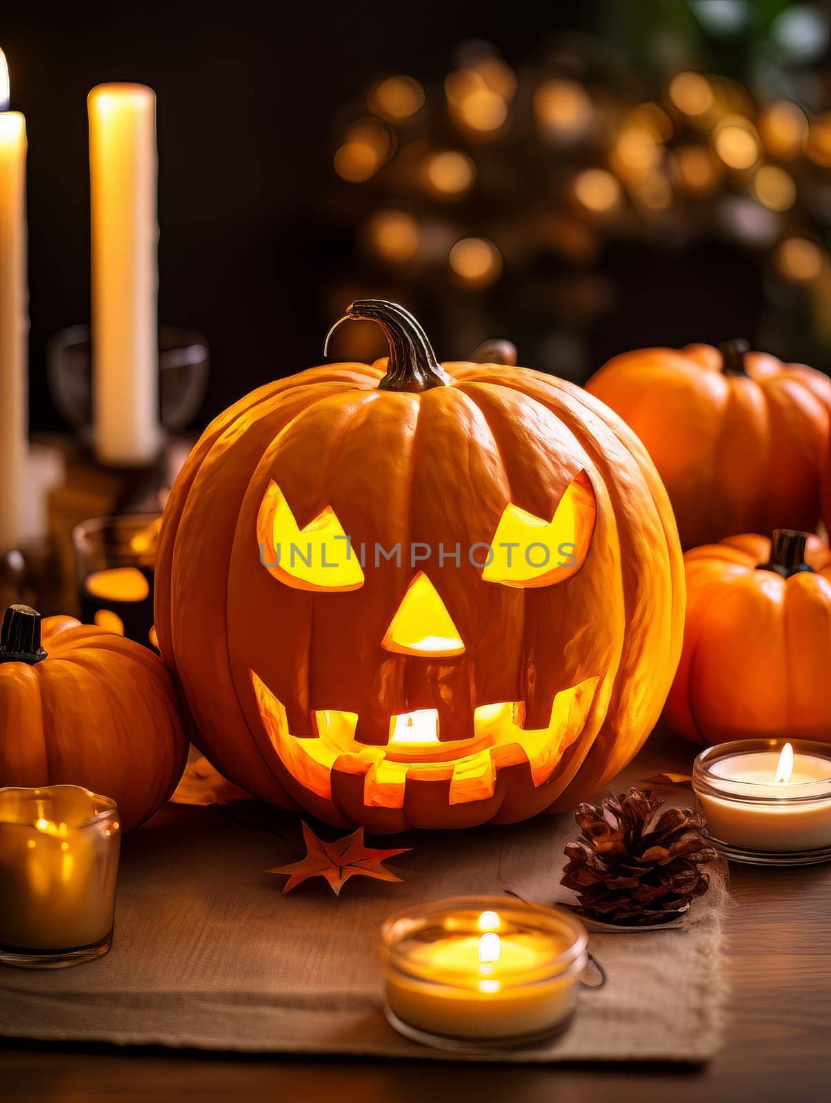 Sinister pumpkin as Halloween symbols tabletop home holiday decor. AI by but_photo