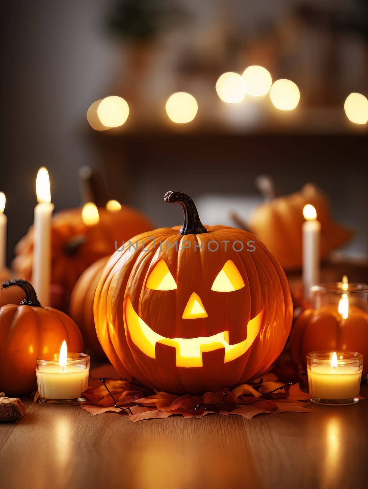 Creepy decor pumpkin with a carved spiteful face as symbols of the Halloween holiday, interior decor element AI