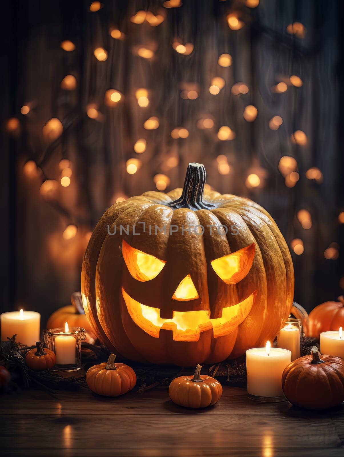 Creepy decor pumpkin with a carved spiteful face as symbols of the Halloween holiday, interior decor element AI