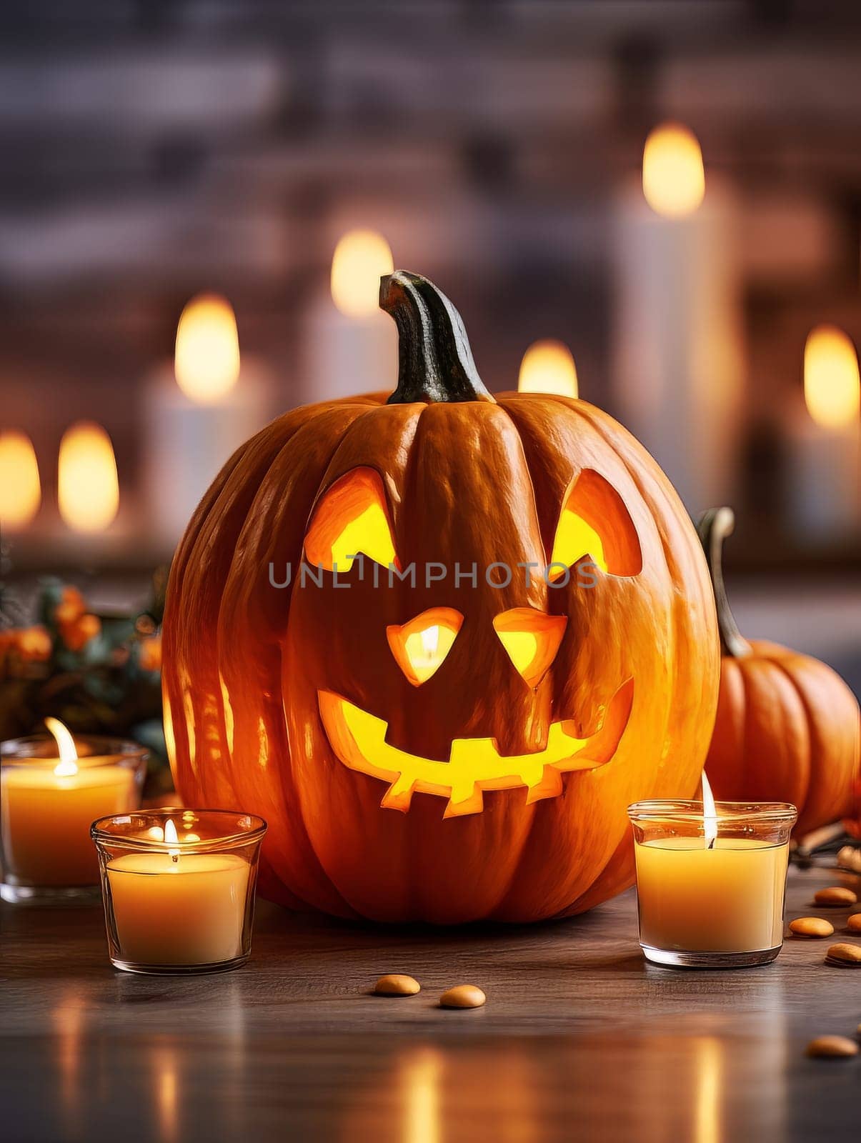 Sinister pumpkin as Halloween symbols tabletop home holiday decor. AI by but_photo