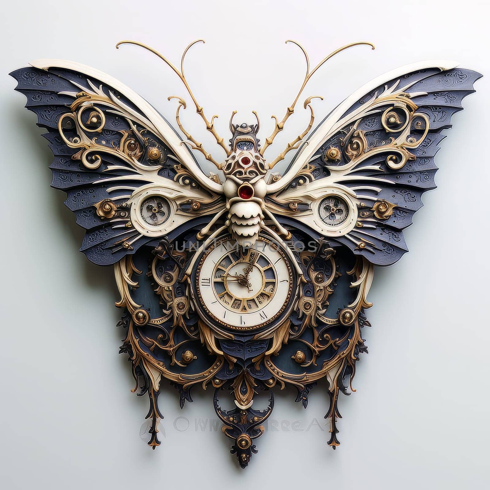 Interior item wall clock made of black silver and gold metal in the form of a butterfly with large wings AI