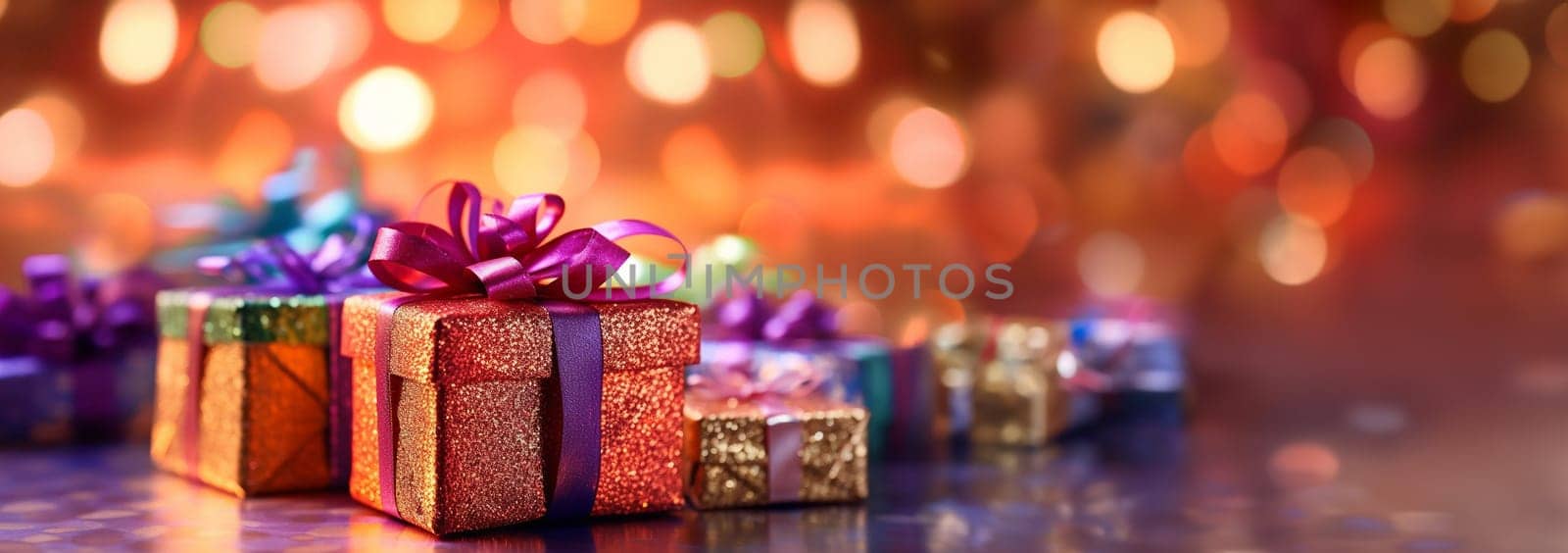 Various colored Birthday presents. colorful and various size of gift boxes with ribbon bow on table top with blurred lights bokeh on blue background, pile of present for holiday celebration party with copy space Festive