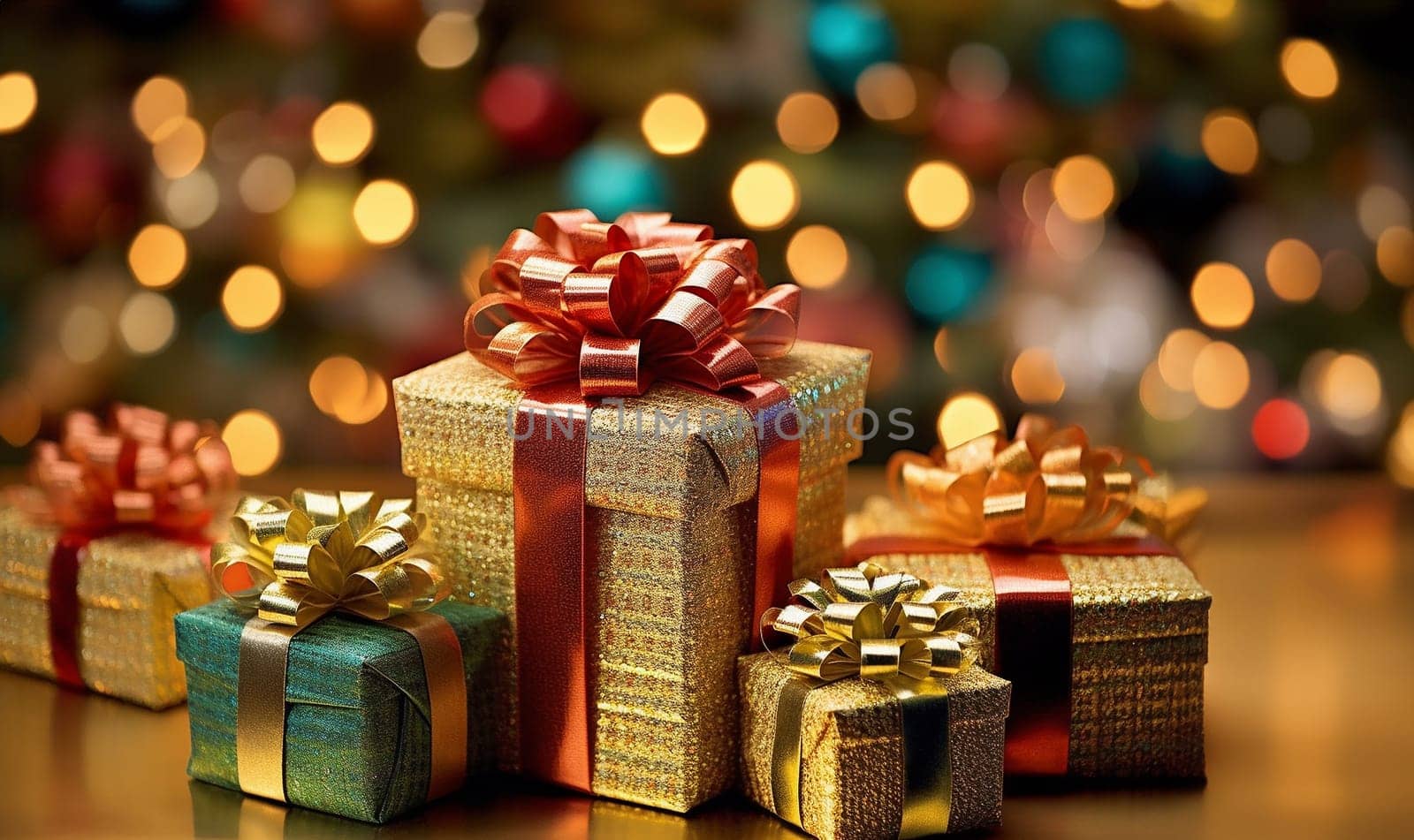 Various colored Birthday presents. colorful and various size of gift boxes with ribbon bow on table top with blurred lights bokeh on blue background, pile of present for holiday celebration party with copy space Festive