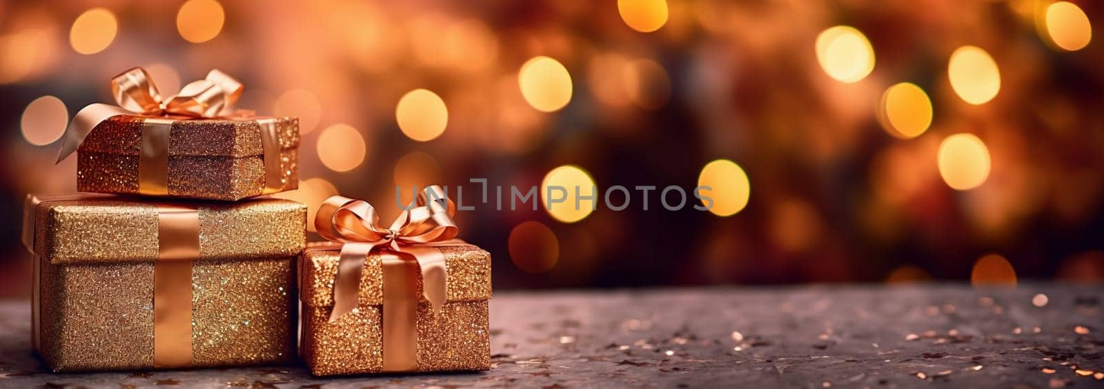 Golden gift boxes with ribbon bow tag over blurred bokeh background with lights. Birthday or Christmas decor. Blinking Holiday Background. Copy space space for text