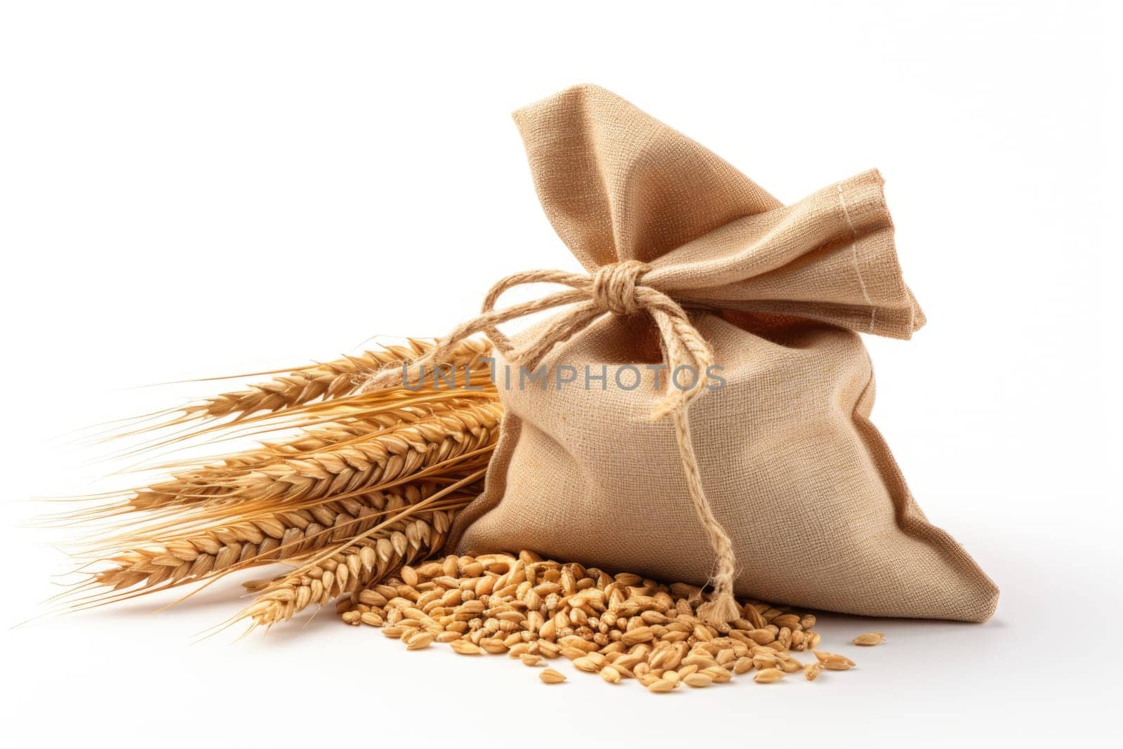 Sack of wheat and ears of wheat on a white background. Quality products, healthy eating. Generated by artificial intelligence