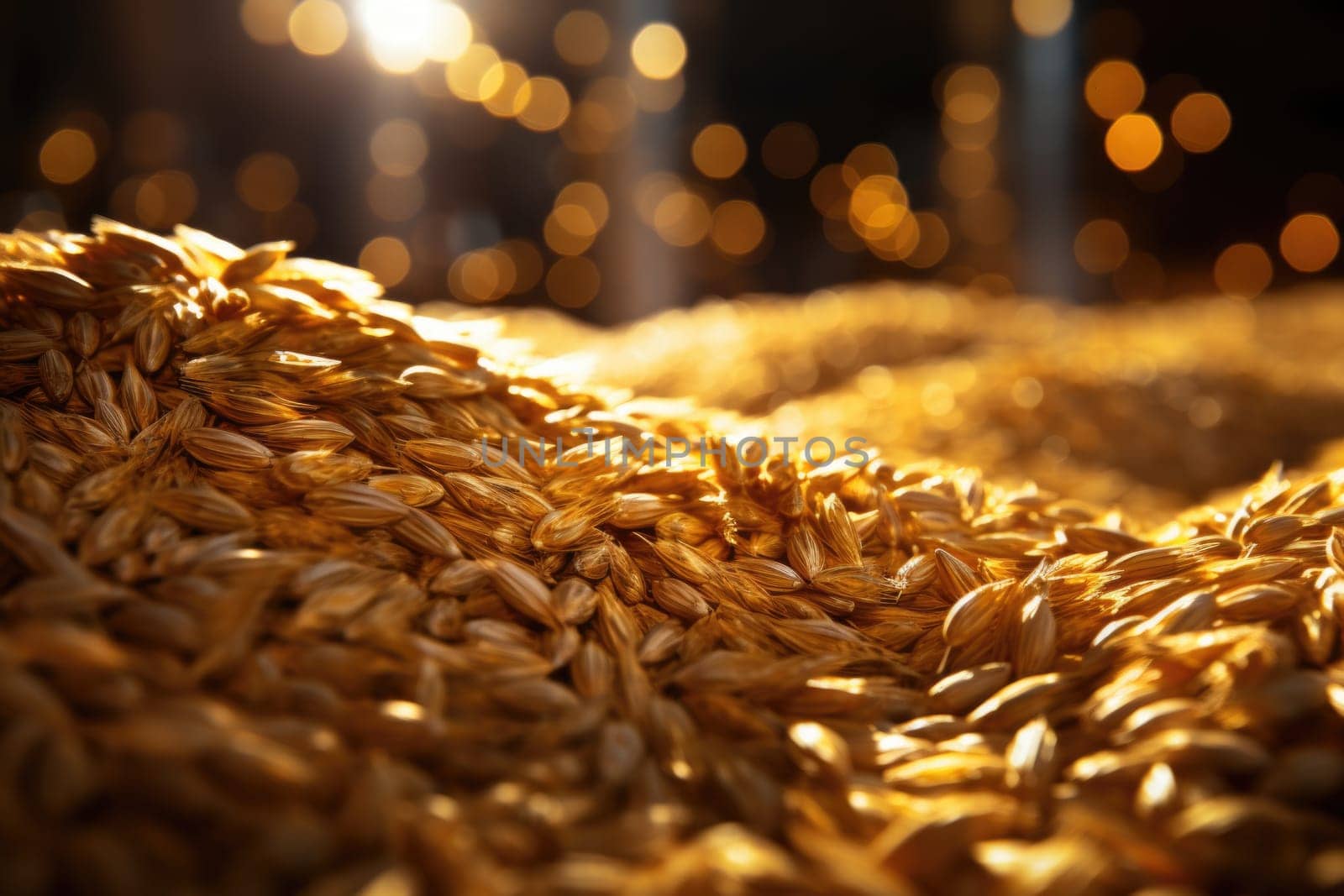 Grain warehouse. Heaps of grain on a wooden floor. Harvest concept. Golden grain.