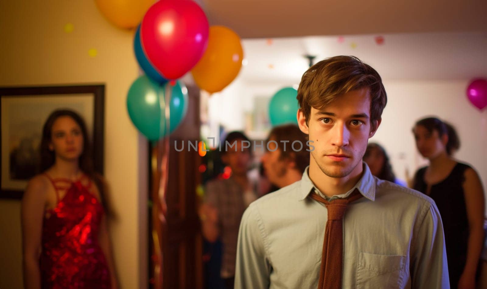Young bored unhappy man at a home party. Portrait of his he nice attractive depressed dumped guy feeling bad after party by Annebel146