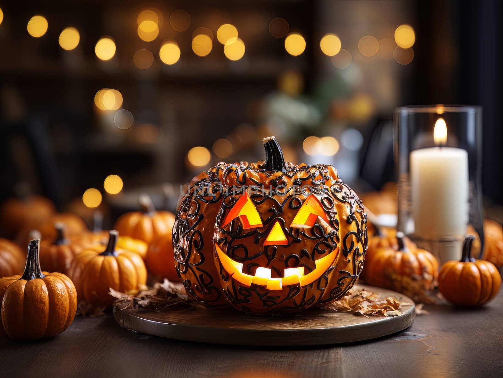 Creepy decor pumpkin with a carved spiteful face as symbols of the Halloween holiday, interior decor element AI