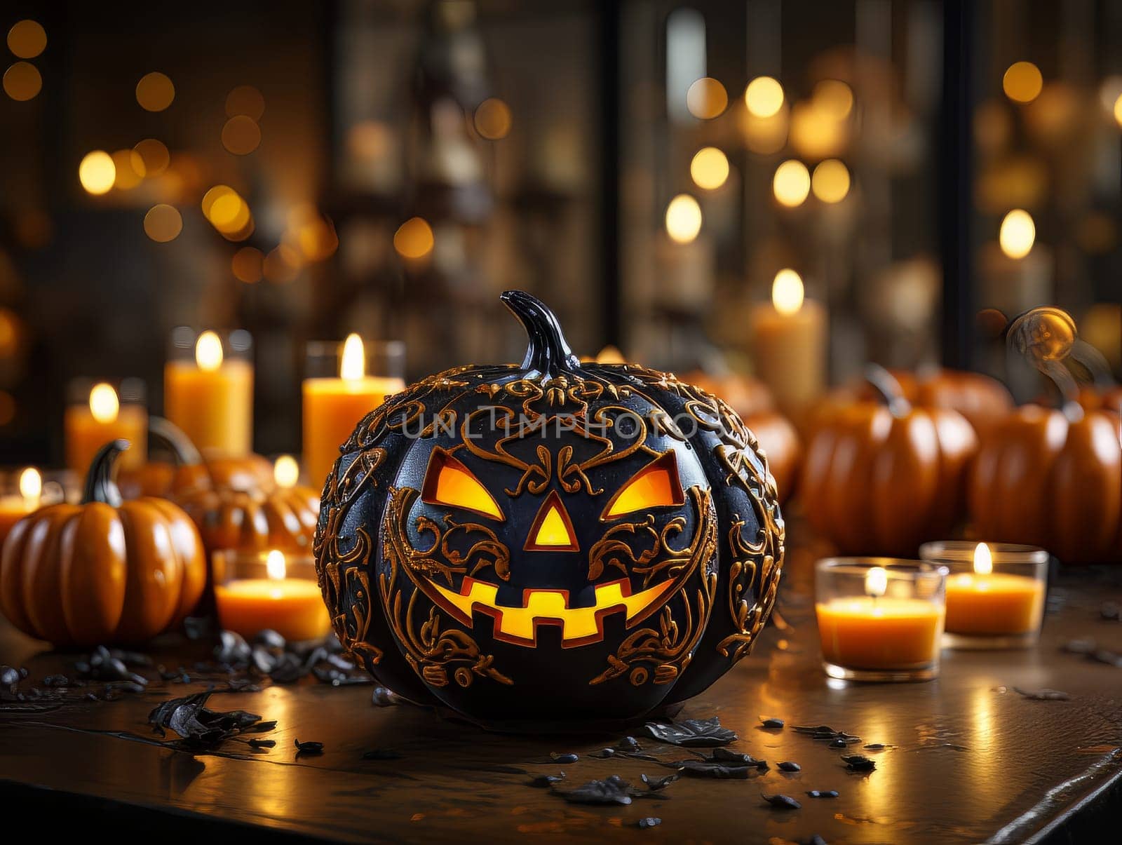 Creepy decor pumpkin with a carved spiteful face as symbols of the Halloween holiday, interior decor element AI