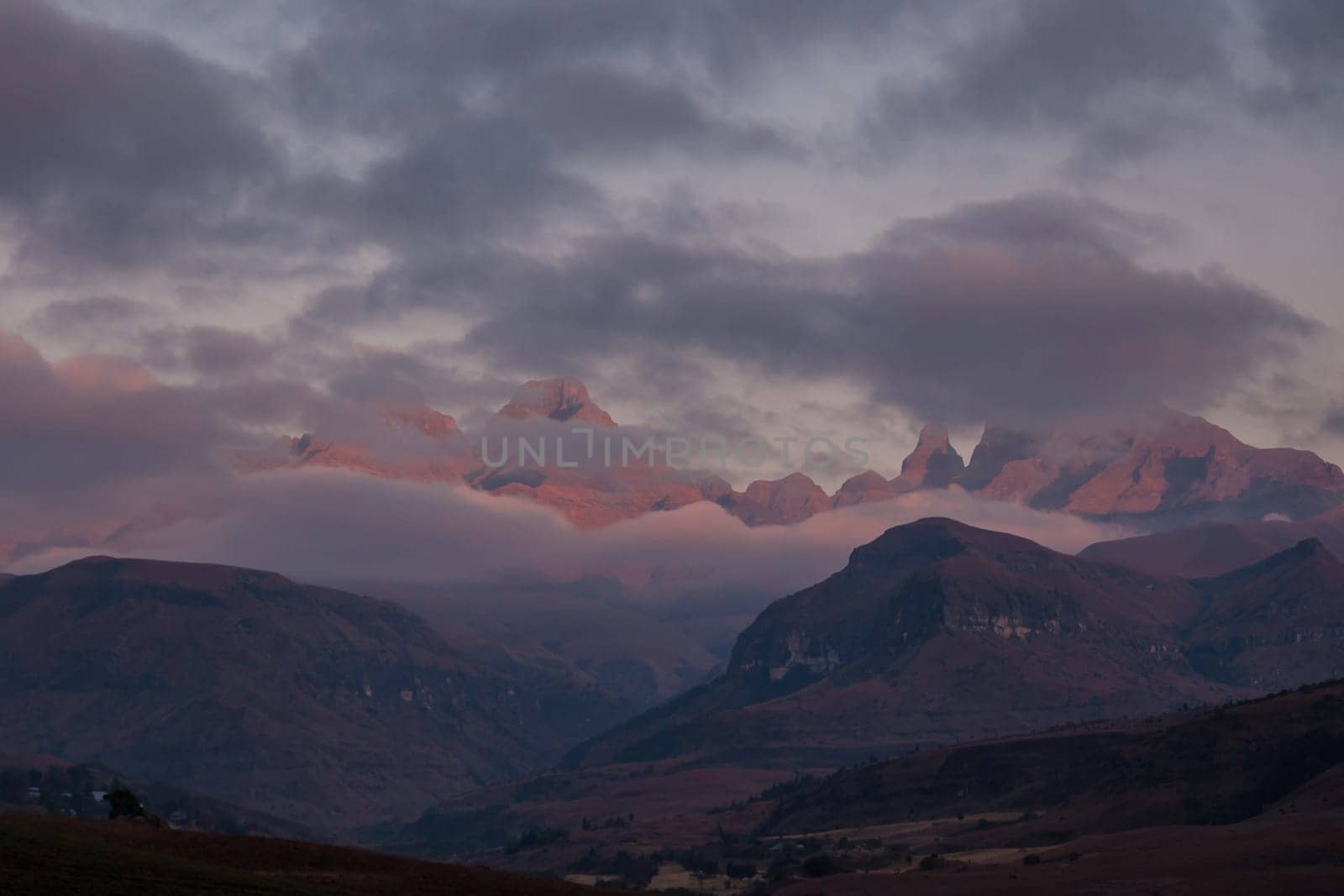 Dawn at Cathedral Peak in the Drakensberg Mountains. KwaZulu-Natal Province, South Africa