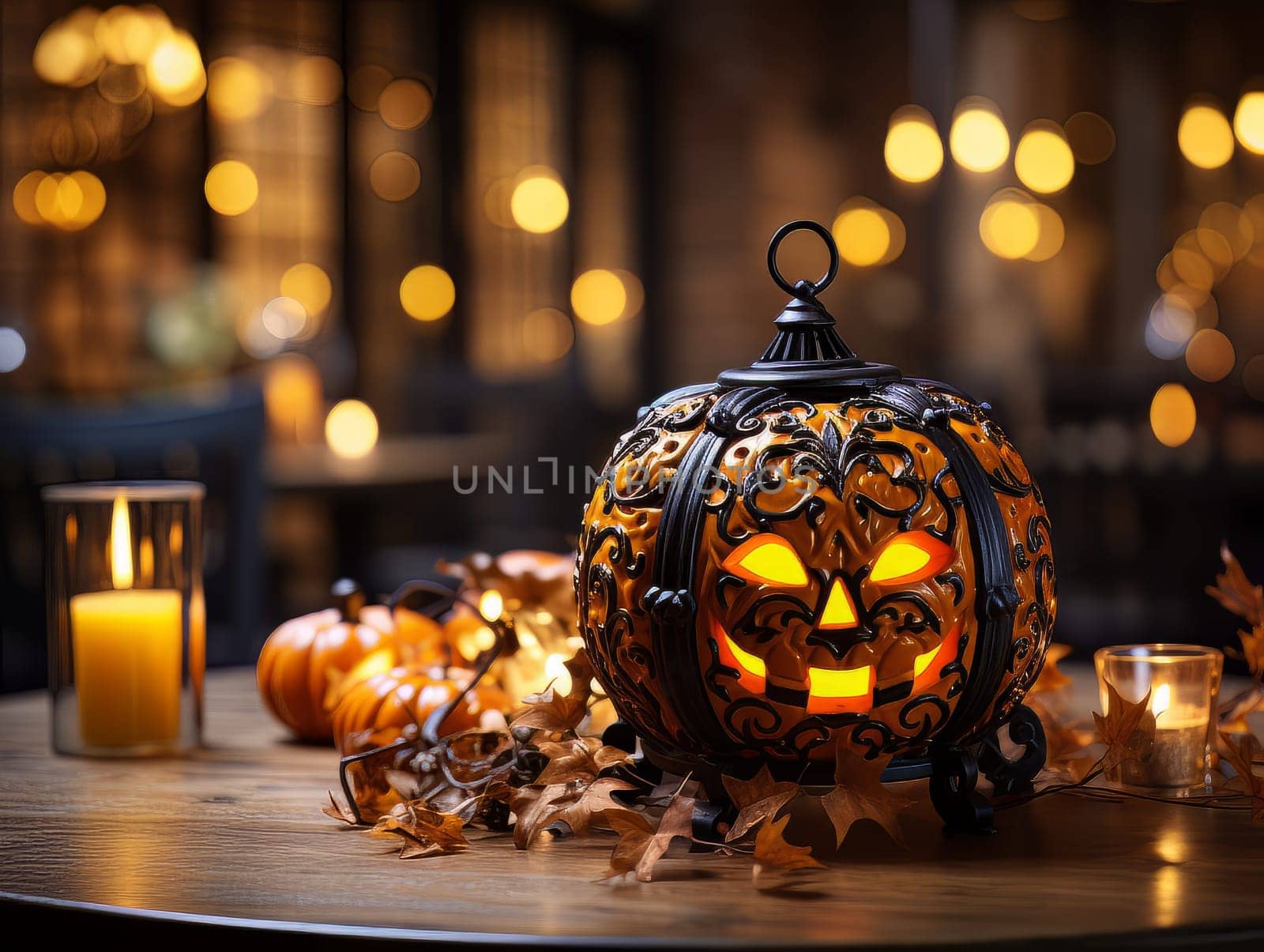 Creepy decor pumpkin with a carved spiteful face as symbols of the Halloween holiday, interior decor element AI