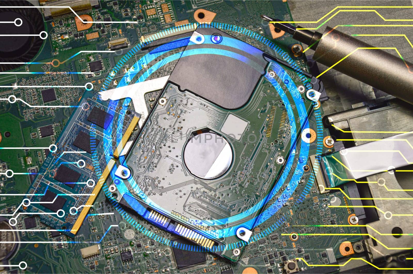 Image of hard disk, RAM, and motherboard viewed from above.