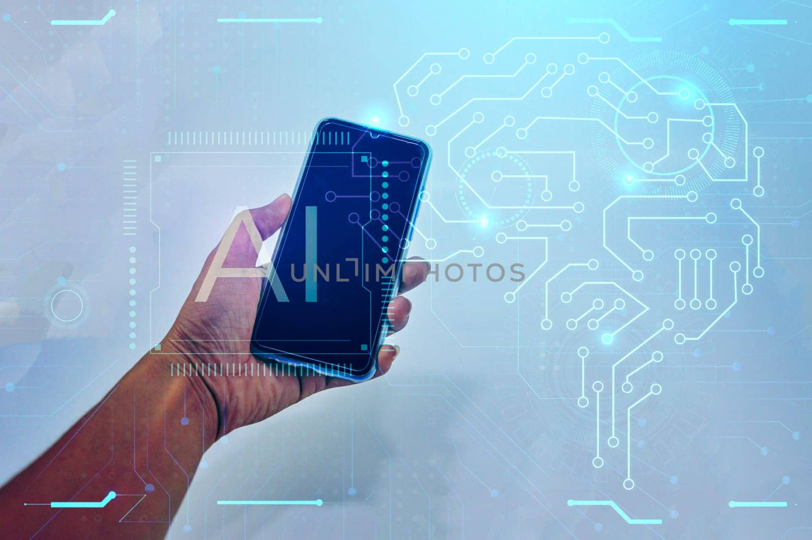 Conceptual media images in the era of artificial intelligence and IoT (hands on smartphones)