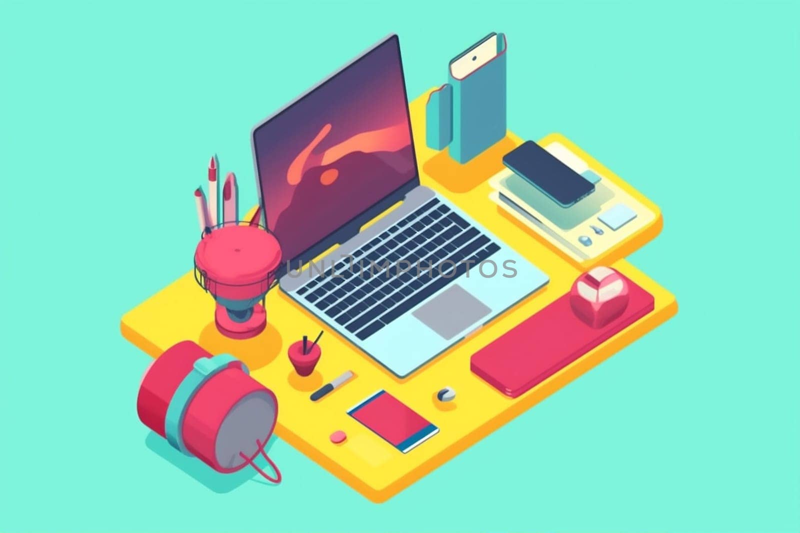 gadget design object technology desk blank workspace screen background laptop yellow desktop concept business computer orange isolated web icon illustration colours. Generative AI.