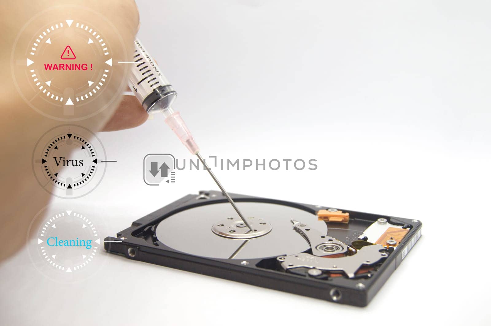 hard drive, concept When data is attacked by computer virus, virus removal