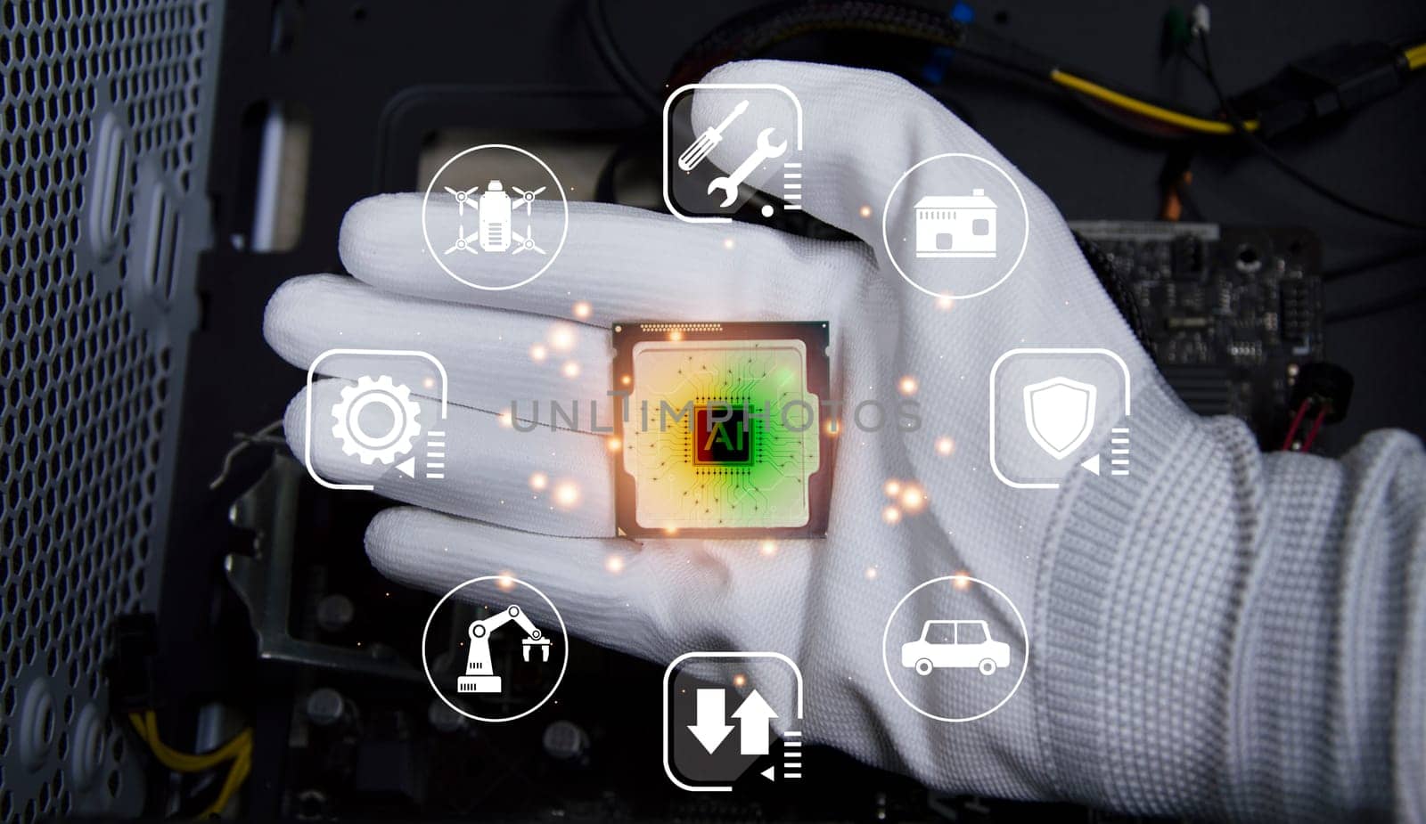 Concept, CPU, AI is used to control everything around, using artificial intelligence.