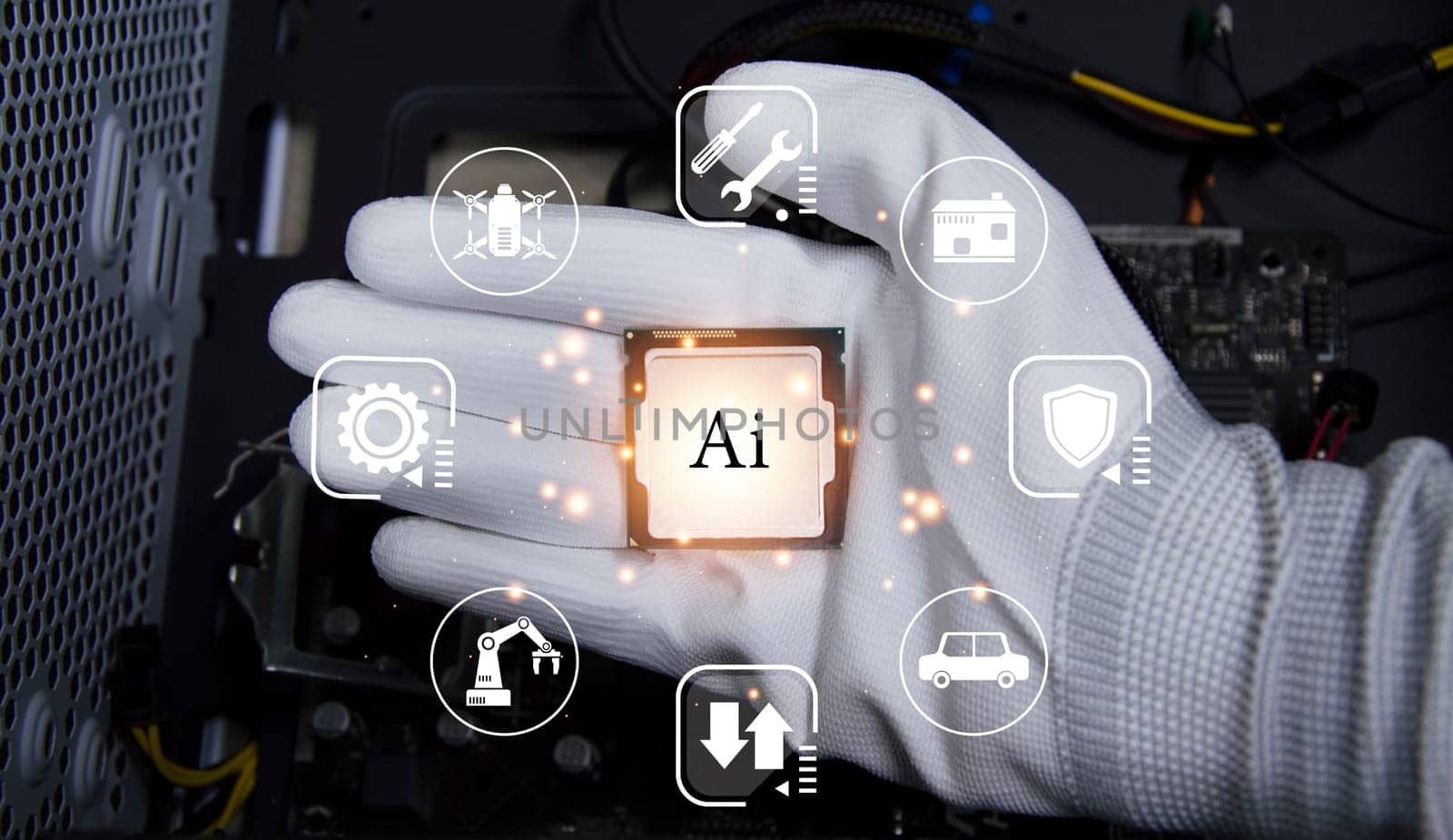 Concept, CPU, AI is used to control everything around, using artificial intelligence.