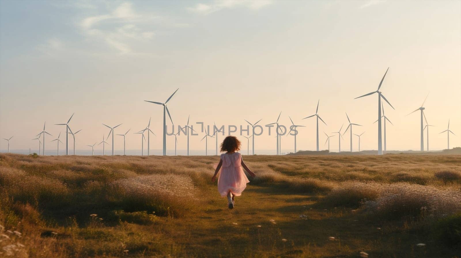 Woman run electricity green power environment ecology back generate windmill meadow field blue turbine technology sky nature energy wind renewable