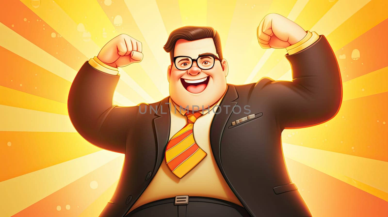 Confidence e-driven success cartoon illustration - Generative AI. Cheerful, man, glasses, suit.