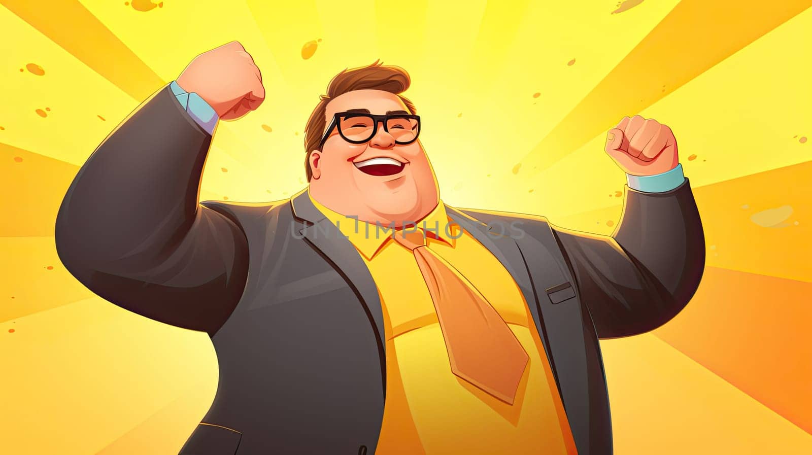 Confidence e-driven success cartoon illustration - Generative AI. Cheerful, man, glasses, suit.