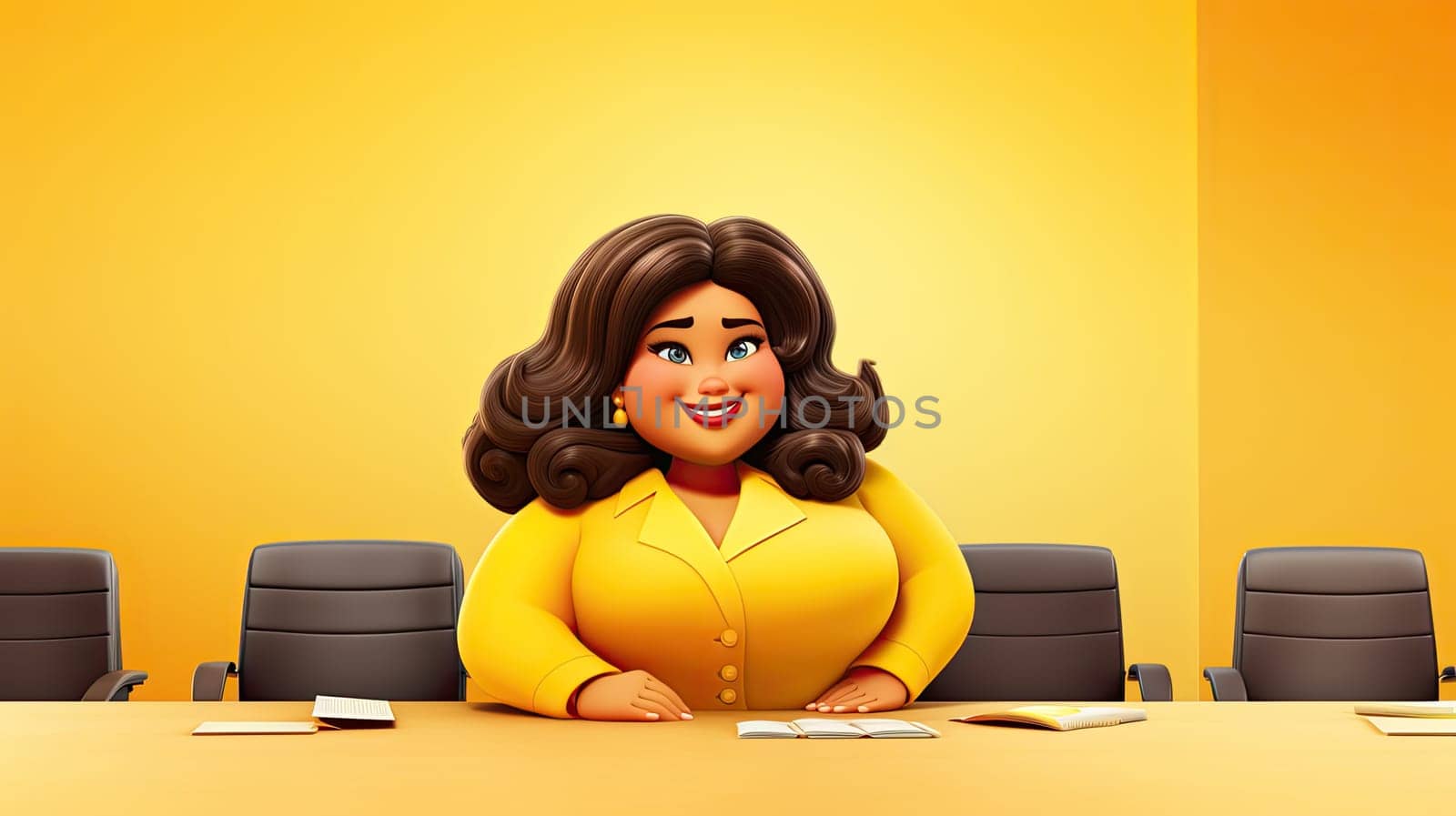 Diverse corporate culture cartoon illustration - Generative AI. Dark-skinned, woman, businesswoman, yellow, jacket.