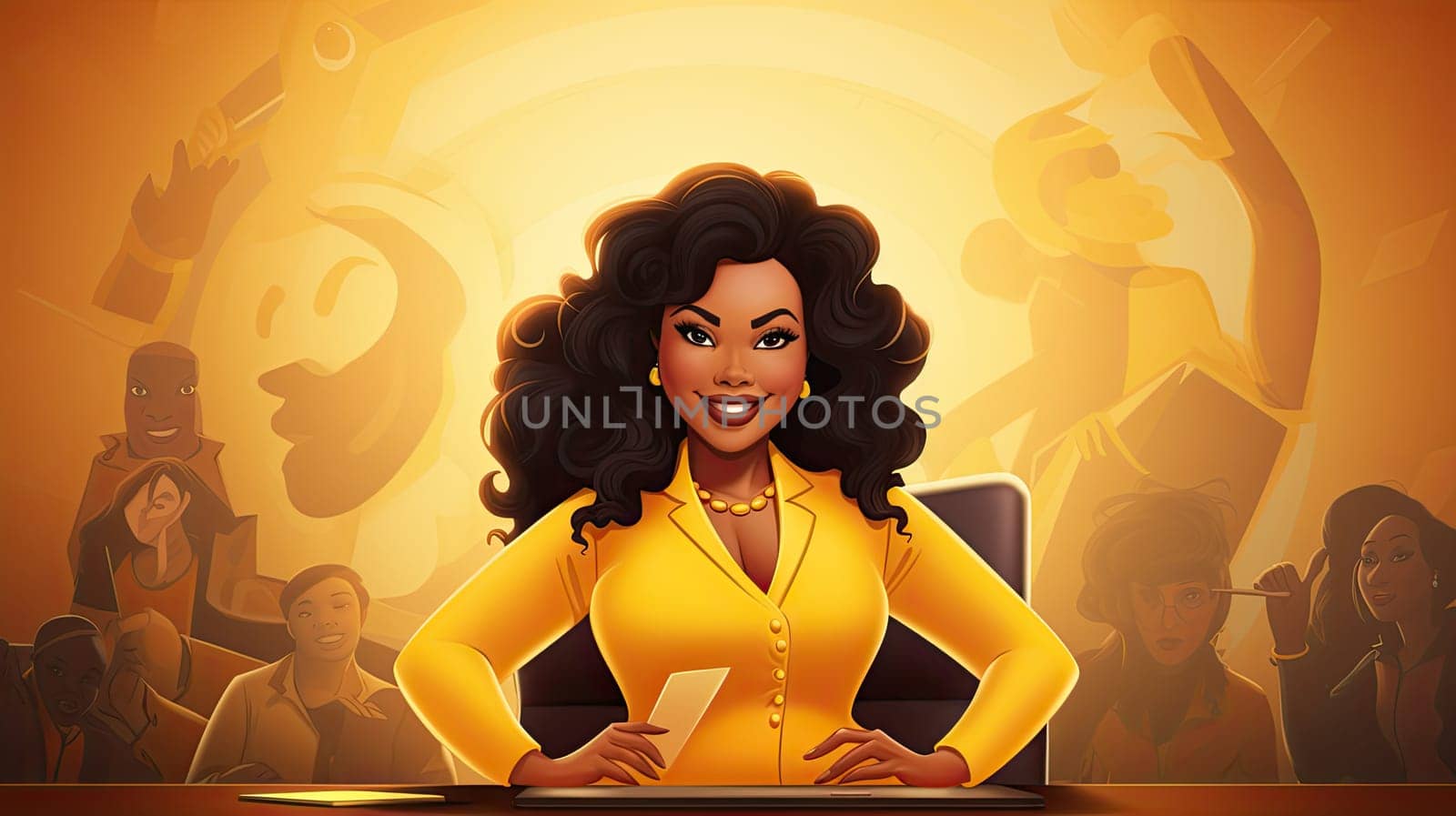 Diverse corporate culture cartoon illustration - Generative AI. Dark-skinned, woman, businesswoman, yellow, jacket.