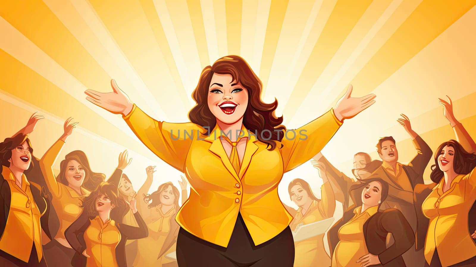 Empowering leadership cartoon illustration - Generative AI. Laughing, employee, men, women, yellow.