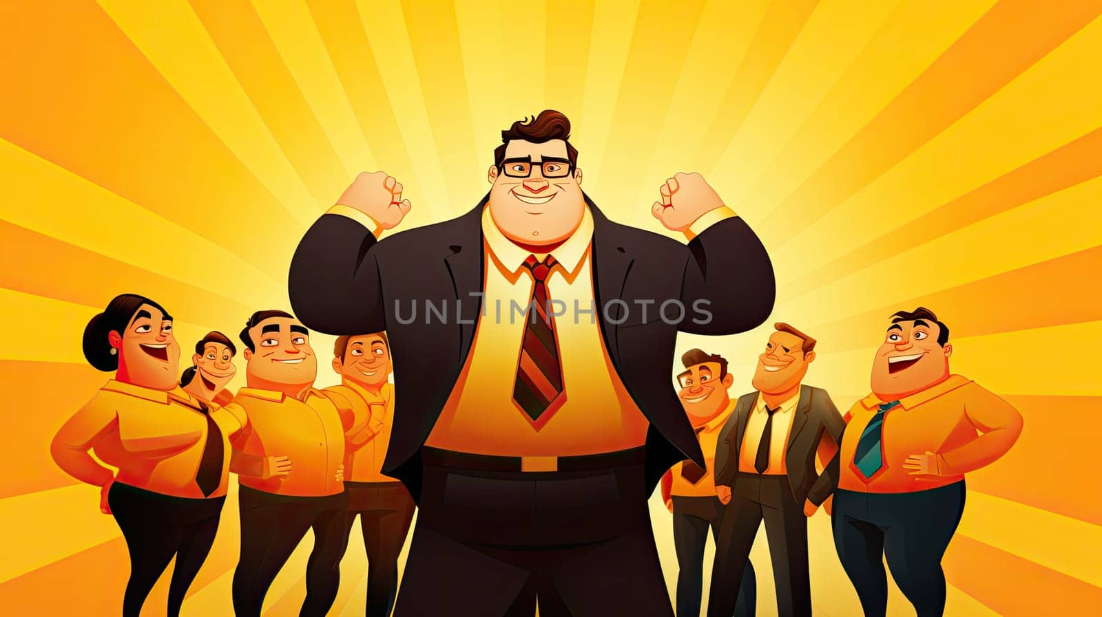 Empowering leadership cartoon illustration - Generative AI. Laughing, employee, men, women, yellow.