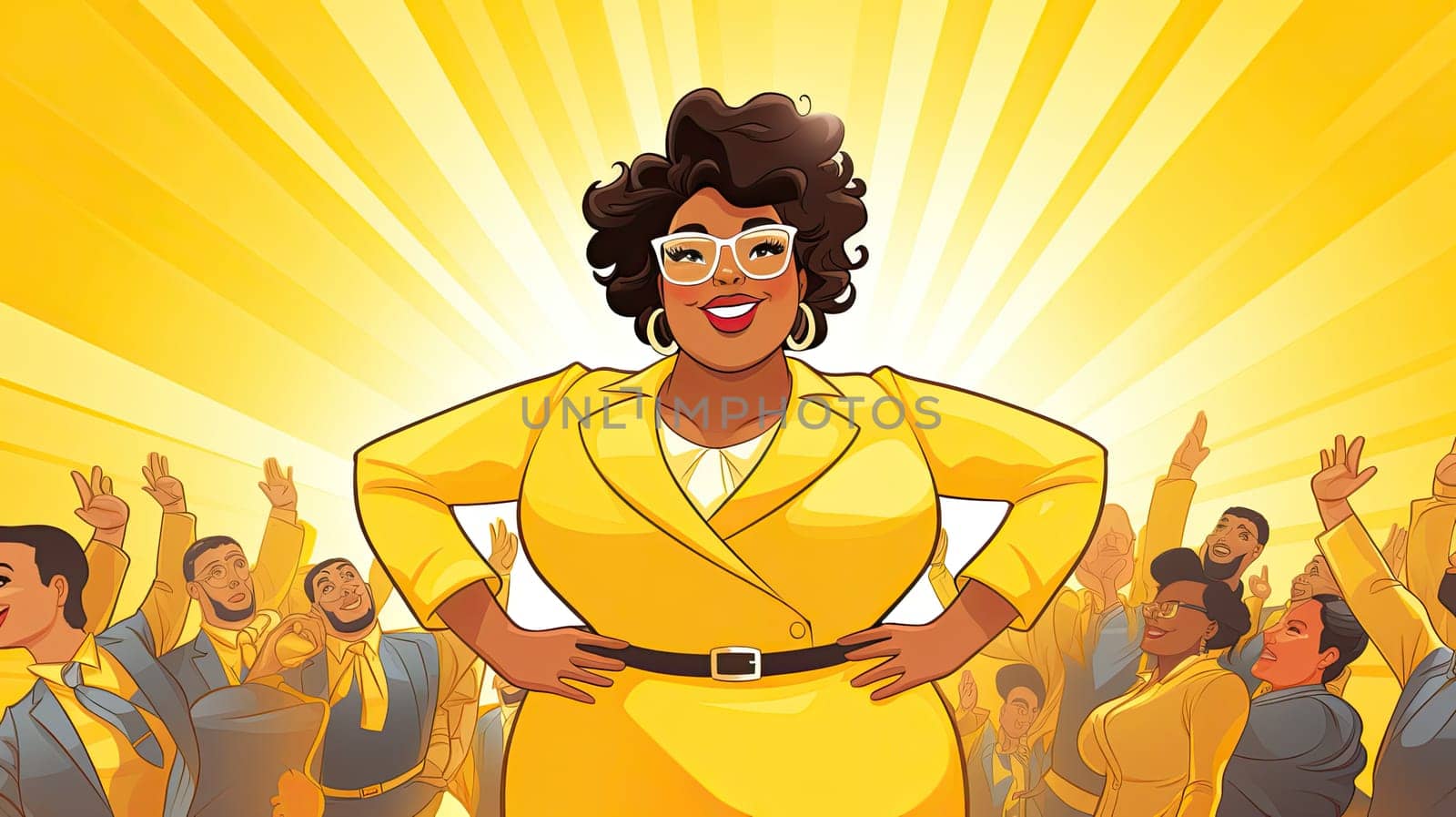 Inclusive leadership cartoon illustration - Generative AI. Plus, size, businesswoman, employee, yellow.