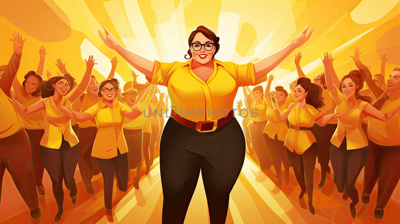 Inclusive leadership cartoon illustration - Generative AI. Plus, size, businesswoman, employee, yellow.