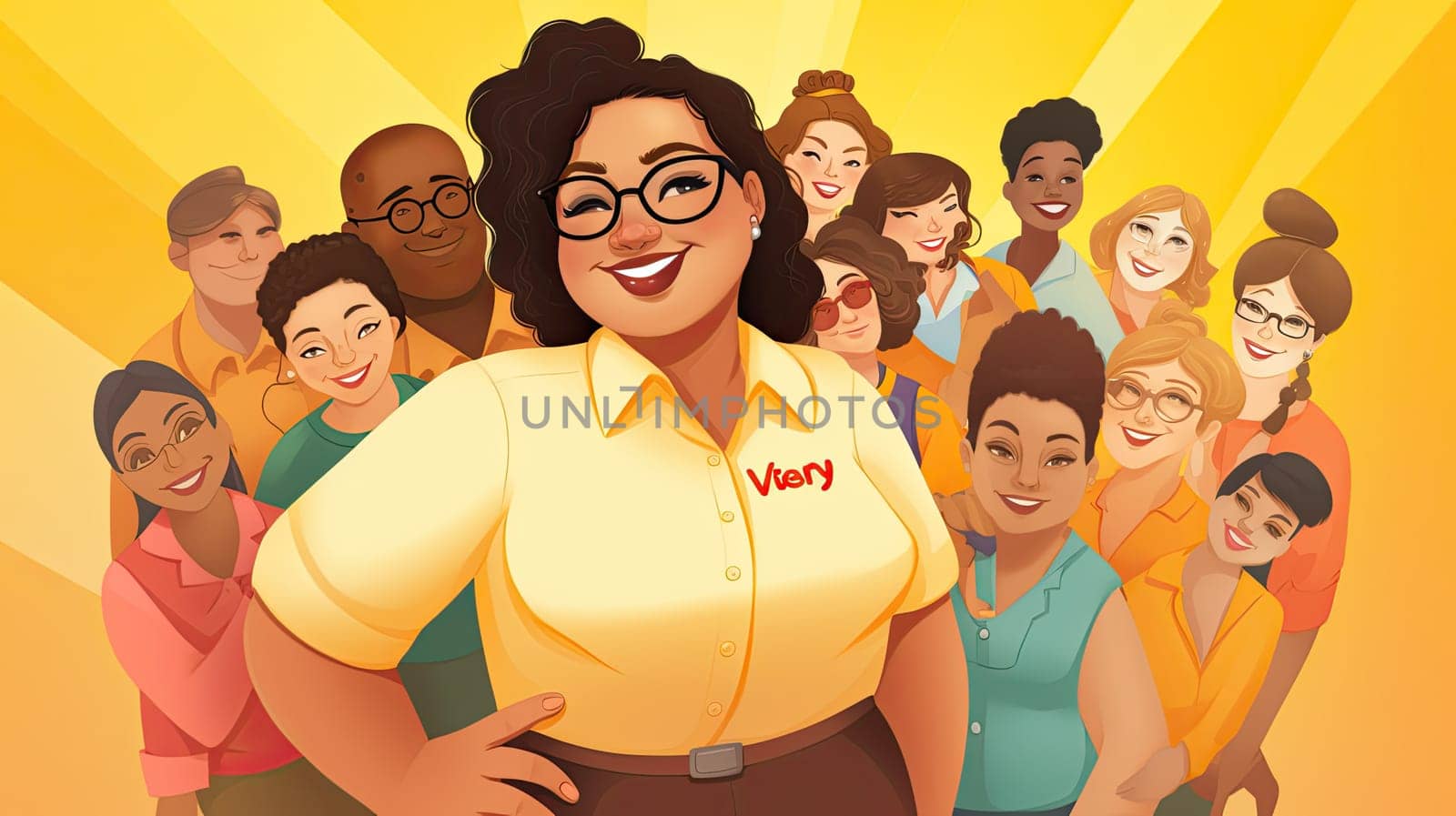 Inclusivity advocate cartoon illustration - Generative AI. Colleagues, plus, size, advocate, yellow.