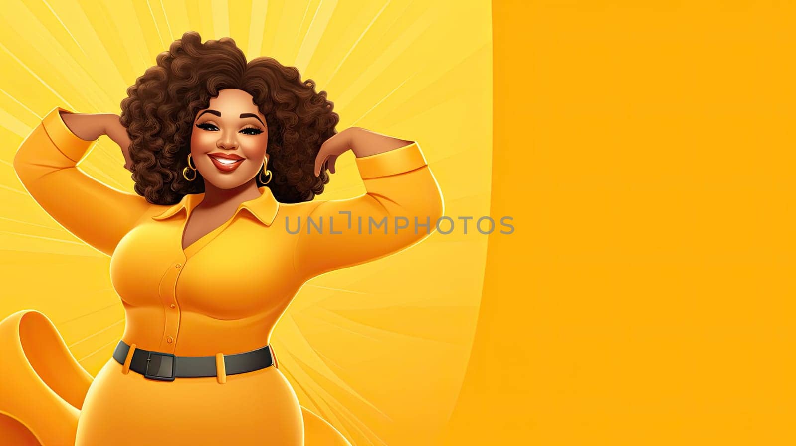 Inclusivity advocate cartoon illustration - Generative AI. Colleagues, plus, size, advocate, yellow.