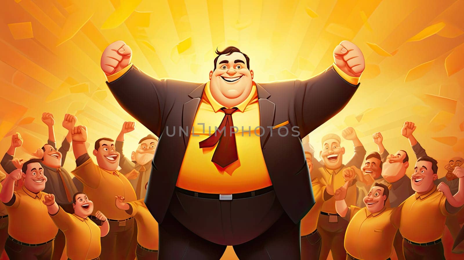 Inspiration figure cartoon illustration - Generative AI. Big, man, crowd, fist, cheerful.