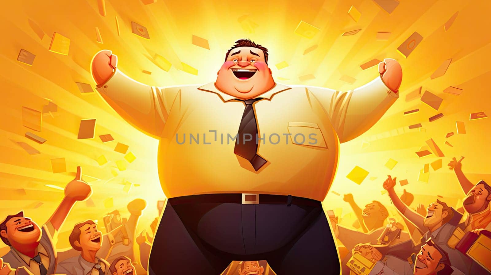 Inspiration figure cartoon illustration - Generative AI. Big, man, crowd, fist, cheerful.