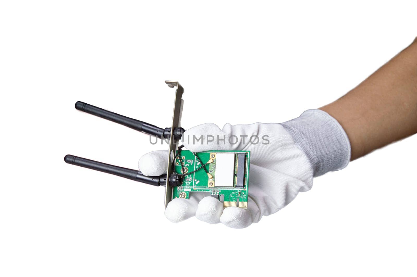 hand holding wifi module for pc (with clipping path)