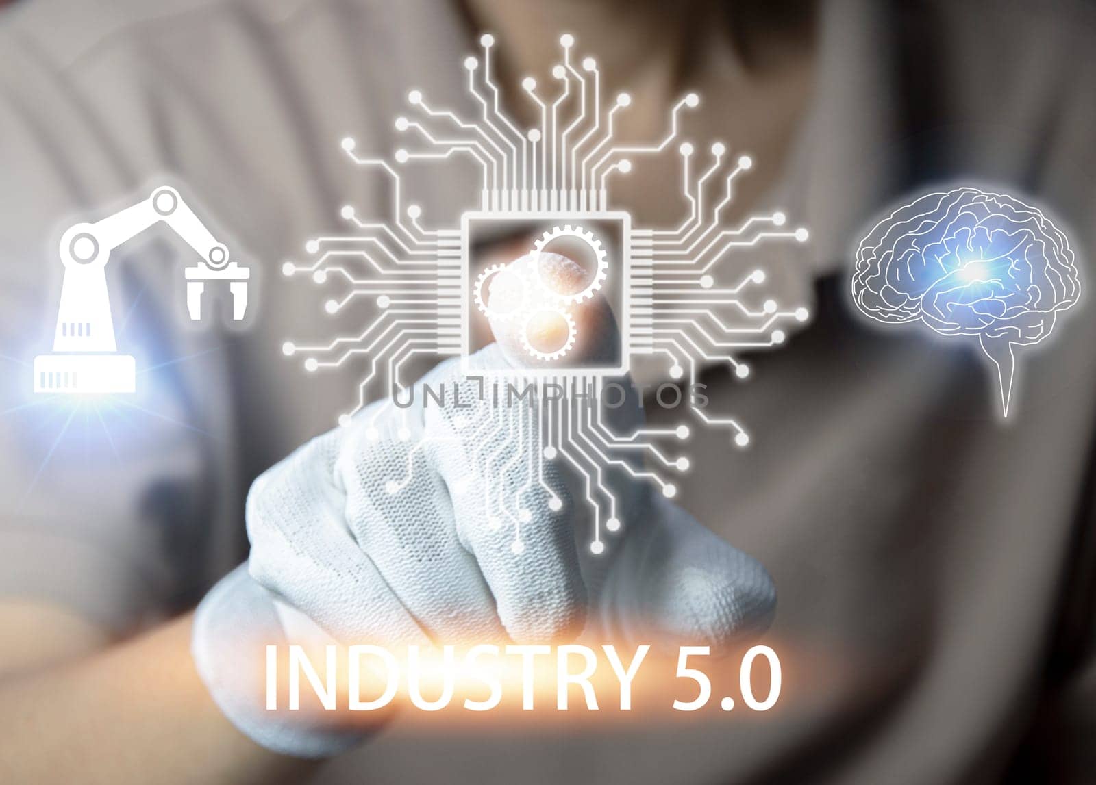 The concept of Industrial Revolution No. 5 is to improve the production process to be more efficient. By working together between humans (Human), intelligent systems (AI) and robots (Robot). by boonruen