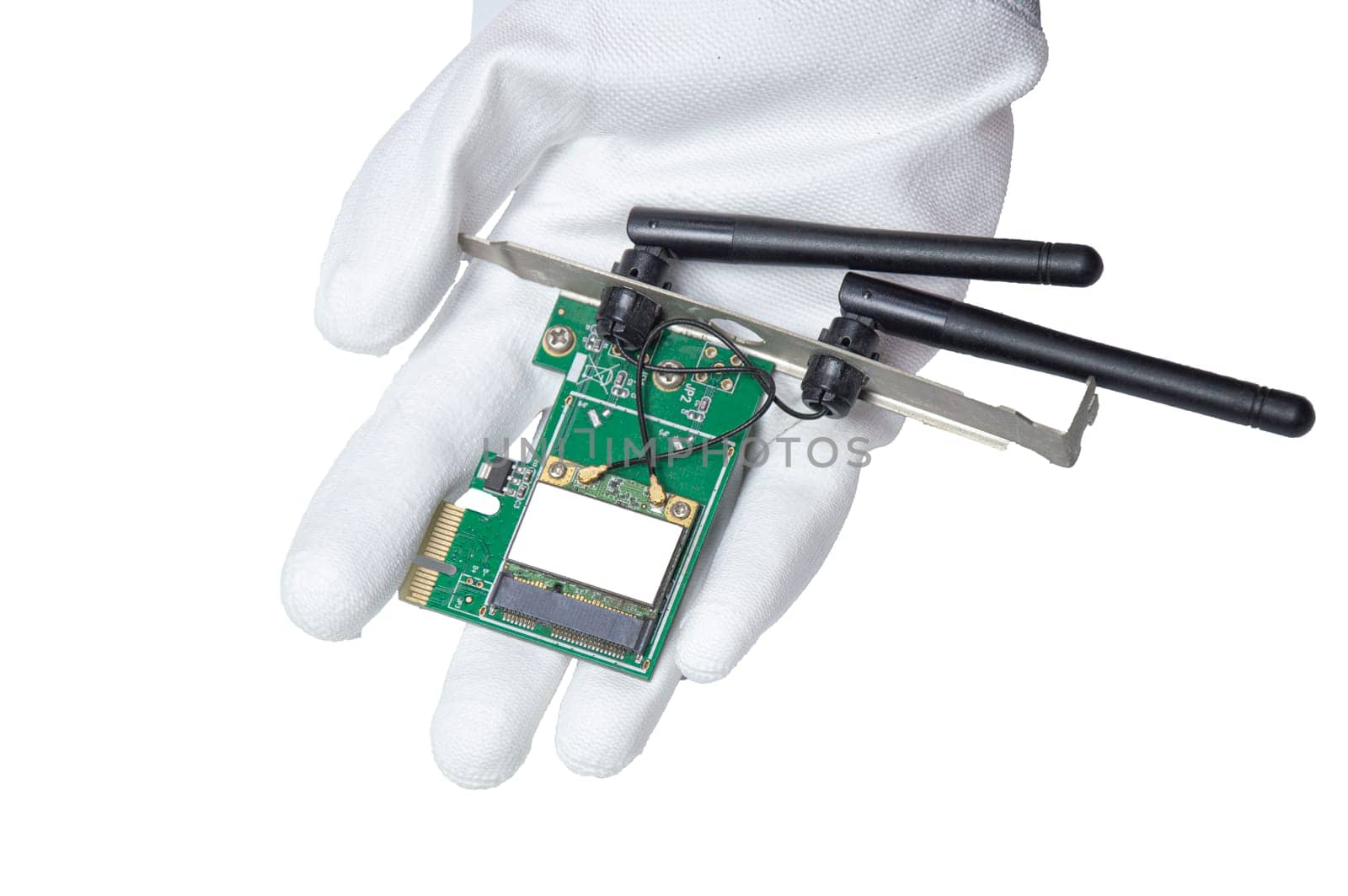 Picture of the device, the wireless receiver in hand. Mounted image type in on a white background by boonruen