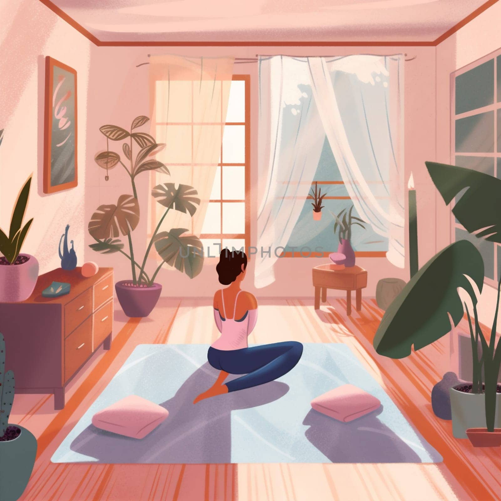dog body woman lifestyle home cartoon fitness indoor yoga sport training. Generative AI. by Vichizh