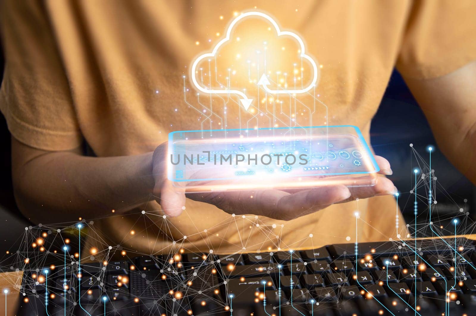 Man using computer showing cloud computing diagram in hand cloud technology data storage network and internet service concept